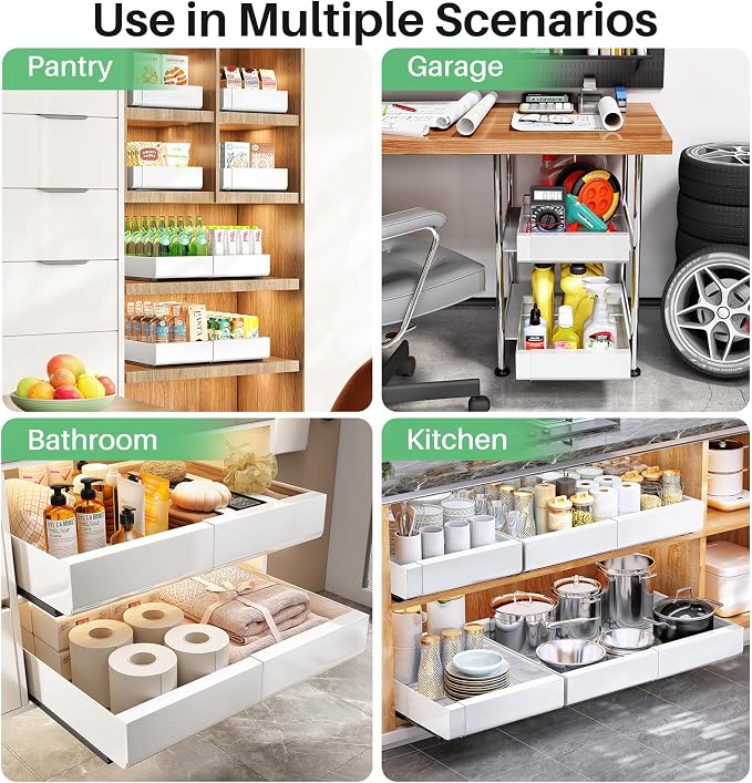 Pull out Cabinet Organizer, 4-pack, Expandable(12"-20") Heavy Duty Slide out Drawers Fixed with Adhesive Nano Film for Pots, Roll out Shelf Storage for Kitchen Base Cabinet Organization(3 Rails)