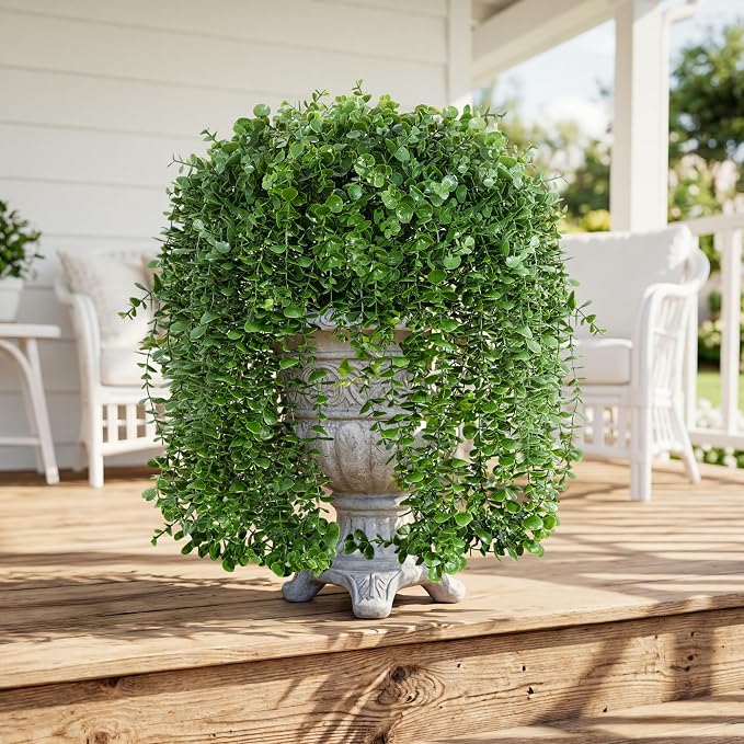 Faux Outdoor Plants Fake Hanging Plants for Outdoors Outside Decorations, 2 Pcs Green Faux Eucalyptus Vines Realistic UV Resistant Artificial Greenery for Planters Porch Garden Yard Front Door Patio