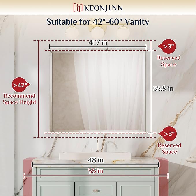 Keonjinn 42 x 36 Inch Frameless Bathroom Mirror with Beveled Edge | Rectangle Mirrors for Over Sink, Wall Mirror Shatterproof, Modern Decorative for Living Room, Bedroom, Horizontal/Vertical