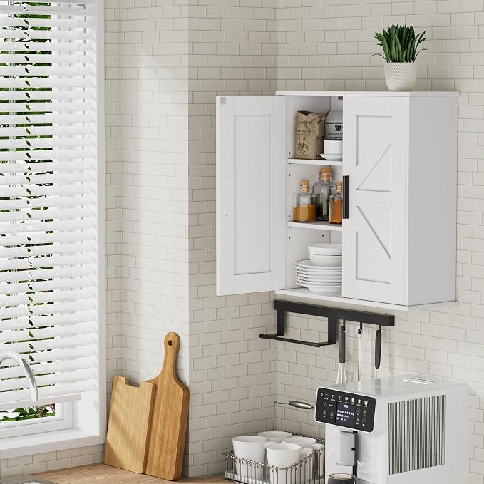 Homleke Bathroom Wall Cabinet, Medicine Cabinet with Adjustable Shelves | 3-Tier Wall Mounted Over Toilet Storage with Barn Doors, for Bathroom, Kitchen, Entryway, Laundry Room, White, (7.9" D)