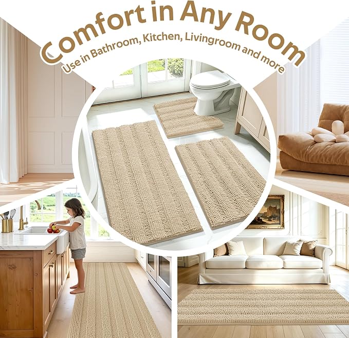 Striped Beige Bathroom Rug Set 3 Pieces Ultra Soft, Non Slip Chenille Toilet Mat, Absorbent Plush Shaggy Bath Mats for Bathroom, Bedroom, Kitchen