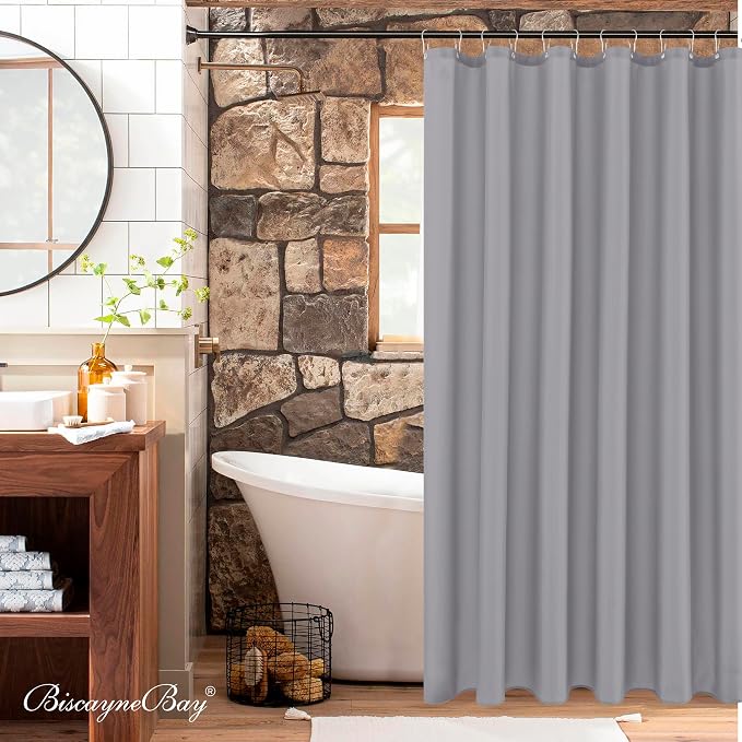 Biscaynebay Fabric Narrow Stall Shower Liners 36" Width by 72" Length, Silver Grey Water Resistant Bathroom Curtains, Rust Resistant Grommets (6 Holes) Weighted Bottom Machine Washable