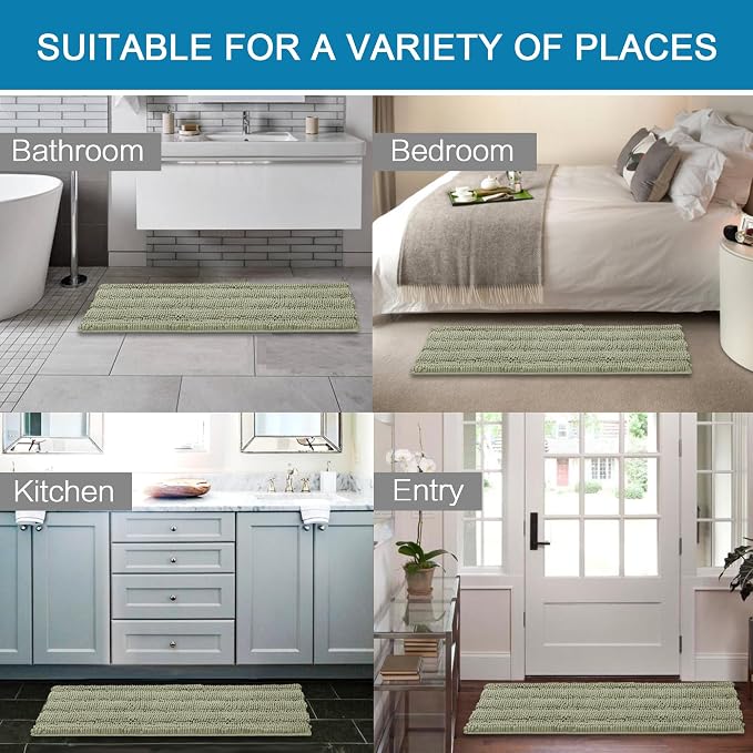 H.VERSAILTEX Bath Mats for Bathroom Non Slip Thick Chenille Striped Bath Rug Absorbent Fluffy Soft Shaggy Rugs Washable Dry Fast Plush Mats for Indoor, Bath Room, Tub - 24" x 36", Eucalyptus Green