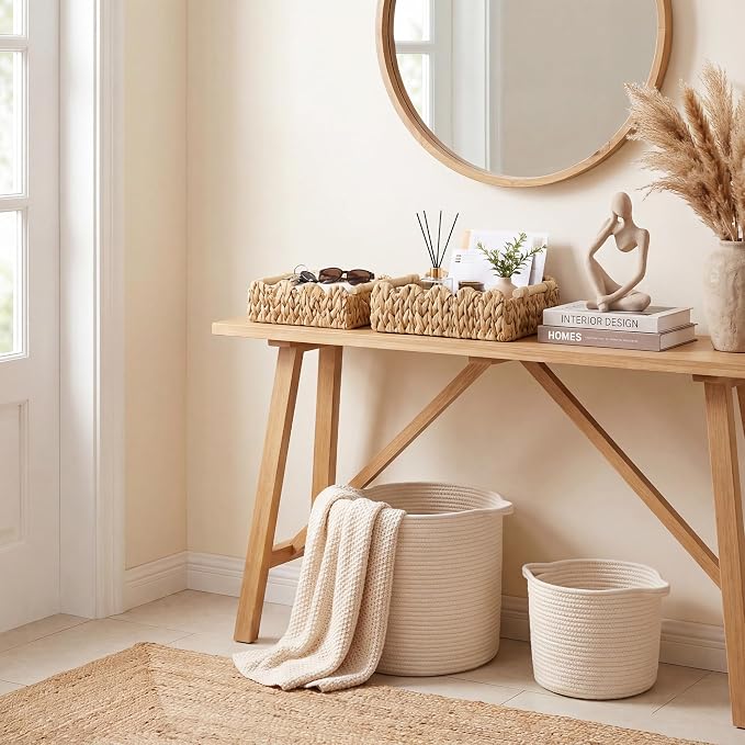 StorageWorks Toilet Paper Basket, Back of Toilet Basket with Wooden Handles | Scalloped Wicker Basket for Living Room, Decorative Scalloped Baskets for Storage, Wicker Baskets for Organizing and Decor
