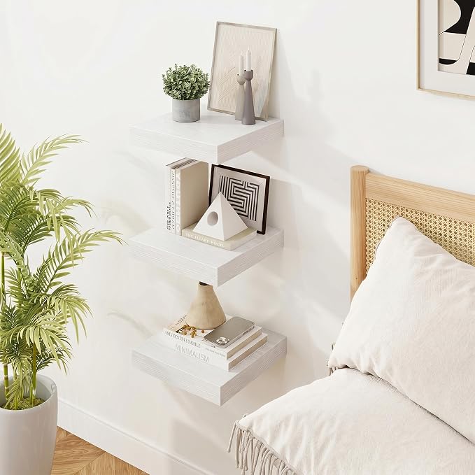 Marsmiles 8in Depth Floating Shelves, 8x8x1.4, White, Set of 3 | Small Wall Mounted Square Shelves, Engineered Wood, Invisible Brackets, Living Room, Bedroom, Bathroom, Kitchen Decor