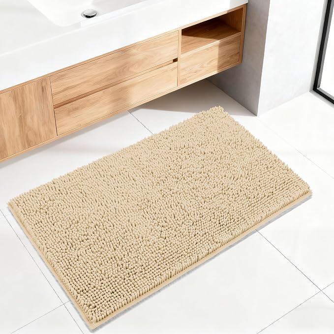 Bathroom Rugs Mat 72 x 36, Thick Soft Absorbent Chenille Bath Rugs, Rubber Backing Bath Mats for Bathroom Floor, Tub, Shower, Bedroom, Home Decor Accessories, Quick Dry Machine Washable, Beige