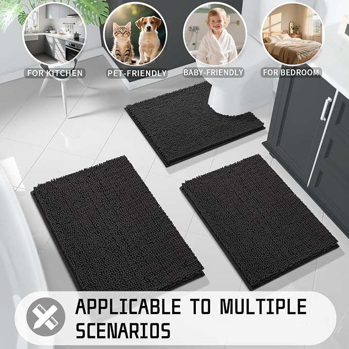 Yimobra Long Bathroom Rugs 44"x24", Extra Soft Non Slip Bath Mat for Tub, Super Absorbent Quick Dry Shaggy Rug Floor Carpet, Machine Washable,Black