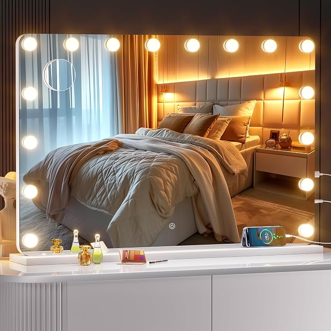 ouboyo 36''X24'' Hollywood Vanity Mirror with Lights, Lighted Makeup Mirror with 16 Dimmable LED Bulbs, 3 Color Lighting Modes & Stepless Dimming, USB & Type-C Charging Port, Wall Mounted Or Tabletop