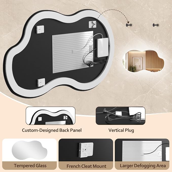 60''x36'' Lighted Mirrors for Bathroom Wall Backlit, Cloud LED Bathroom Mirror Frameless with Lights Anti Fog, Dimmable, 3 Colors,Tempered Glass, Shatter-Proof