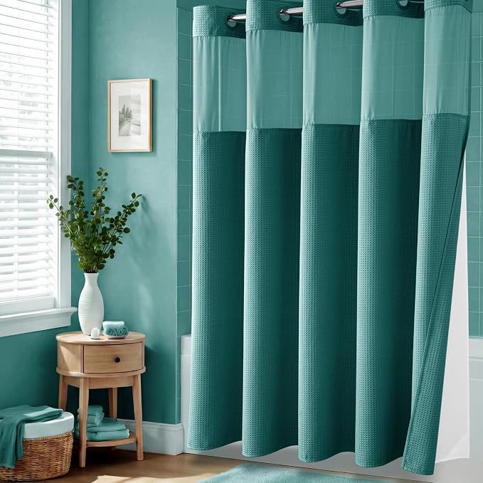 Seaweed Green Hook Free Waffle Shower Curtain & Snap Liner,72x75 | Less Time to install, 3 in 1 Fabric Shower Curtain and Liner Set with Magnets, Mesh Top Window, Shower Curtains for Bathroom