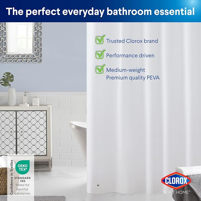 Clorox Shower Curtain Liner, Premium Medium-Weight Flexible Waterproof 6g PEVA for Bathroom with Weighted Magnets, Standard Size 72" x 72", White 2 Pack