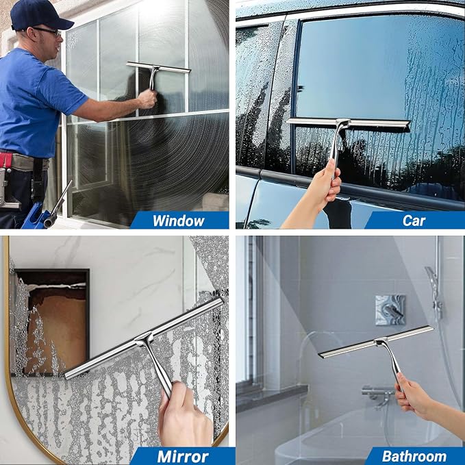 ecooe Shower Squeegee for Glass Doors,12" Large Shower Glass Cleaner | Silicone Blade with Stainless Steel Core, Streak-Free Wiper with Hanger for Bathroom, Kitchen, Car Windows & Mirrors, Siliver