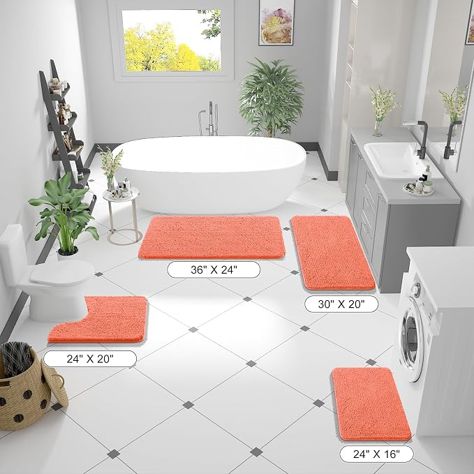 OLANLY Toilet Rugs U-Shaped 24x20, Soft Absorbent Chenille Contour Rugs | Coral, Quick-Drying Rubber Backing, Machine Washable Non-Slip Shaggy Bathroom Mat for Toilet, Home Decor Accessories