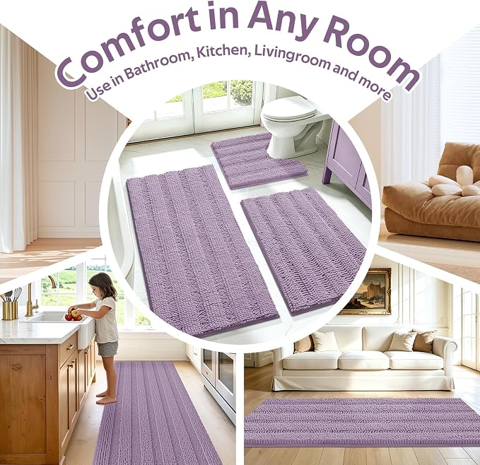 Striped Lavender Bathroom Rug Set 3 Pieces Ultra Soft, Non Slip Chenille Toilet Mat, Absorbent Plush Shaggy Bath Mats for Bathroom, Bedroom, Kitchen, Mauve