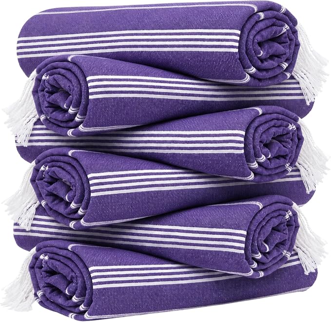 Turkish Beach Towel Set of 6 Oversized 72x40 100% Turkish Cotton | Soft Hammam Peshtemal, Sand Free, Quick-Dry, Absorbent Bath Towel | Lightweight & Compact for Travel, Pool, Gym, Spa - Purple