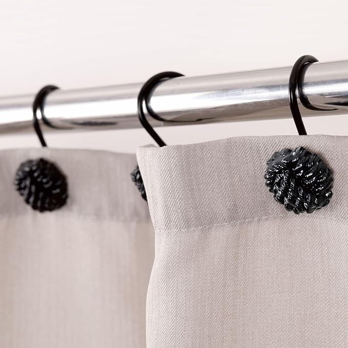 Matte Black Shower Curtain Hooks: Rust Proof Metal Curtain Rings, 12Pcs | Nautical Knotted Rope Shower Hooks, Heavy Duty Hanging Hangers for Shower Rod, Gift for Farmhouse & Coastal Bathroom Decor