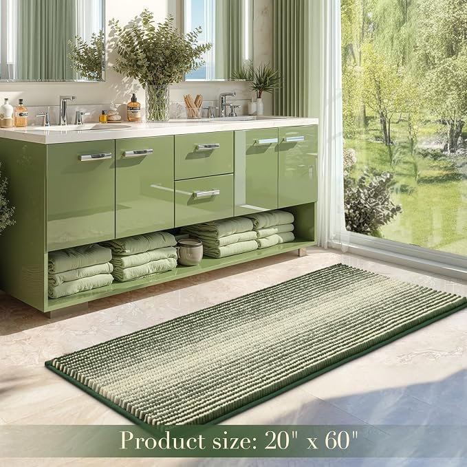 Large Bathroom Rugs, Bath Mat Rug for Bath Non Slip 22 x 60 Inches Water Absorbent Chenille Bathroom Runner Rugs Floor Mats Machine Washable (Green)