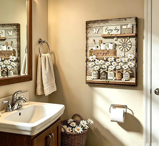 XcwDt is Daisy Bathroom Canvas Wall Art,Vintage Farmhouse butterfly Painting Print,Rustic Daisies Inspirational Wall Decor,for Toilet Laundry Room Home Office Home Decoration 12 X 16 In