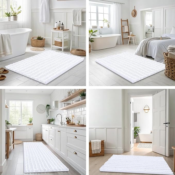 Smiry Bathroom Rugs 24X16, Extra Soft Rubber Backing Chenille Bath Mats | White Machine Washable Non Slip Quick Dry Bath Mats for Bathroom Floor, Tub, Shower, Home Decor Accessories