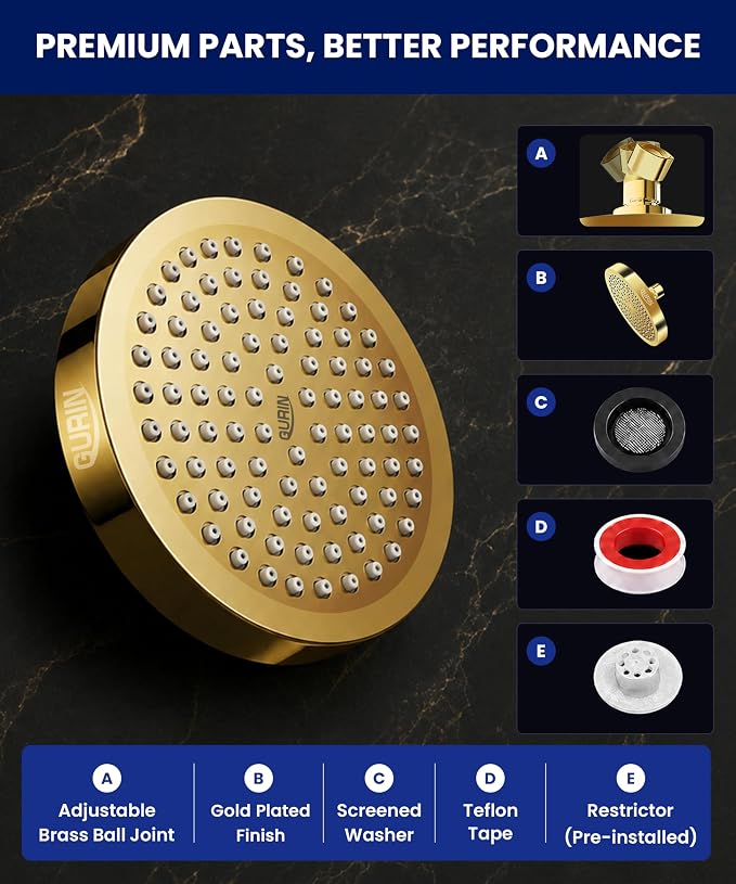 Shower Head - Luxury Gold Plated Finish - Rain Showerhead 6 Inch | High Pressure Shower Heads with Adjustable Angles, 90 Anti-Clog Nozzles, Tool-Free 1-Min Install