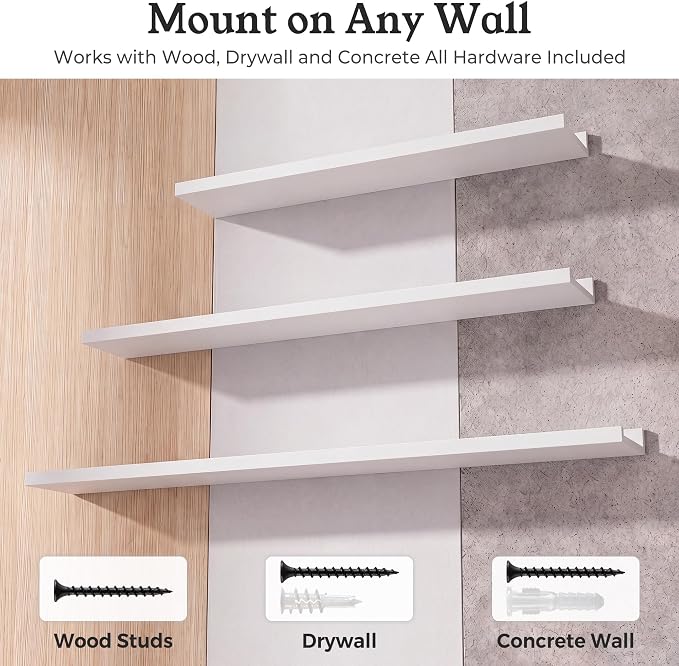 White Picture Ledge Shelves for Wall, 4.5" Deep Wood Floating Shelves with Lip for Bedroom, Living Room, 48" Width, Color White Set of 2