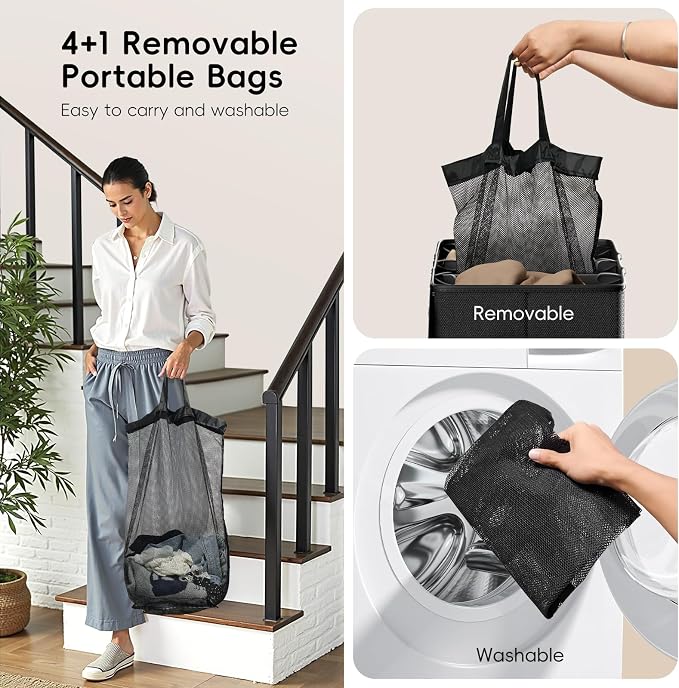 185L Laundry Hamper 4 Section with Lid | 4 Removable Bags + 1 Extra Large Bag, Switchable 3/4 Compartment, Laundry Basket Organizer for Bedroom, Laundry Room