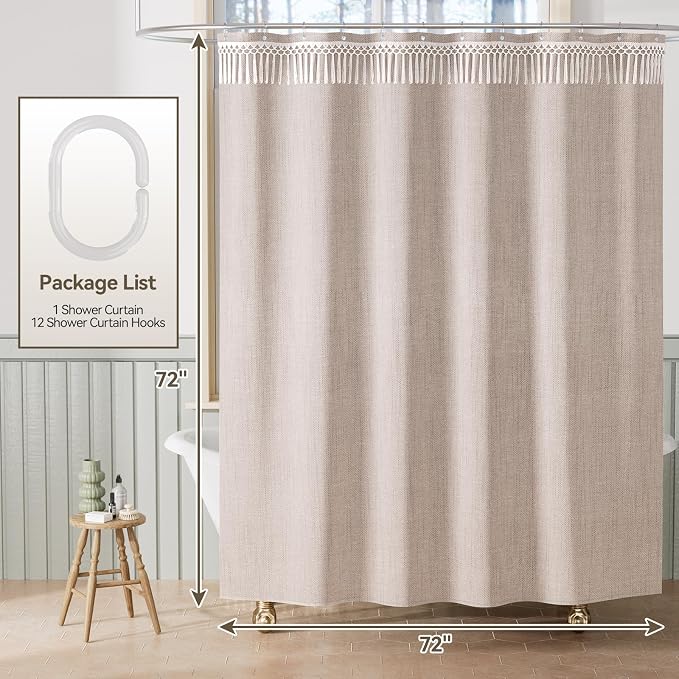 AmazerBath Taupe Boho Shower Curtain with Tassels, Linen Textured Farmhouse Shower Curtain Set with 12 Hooks, Washable Water-Repellent Neutral Fabric, 72x72 Inches Tan