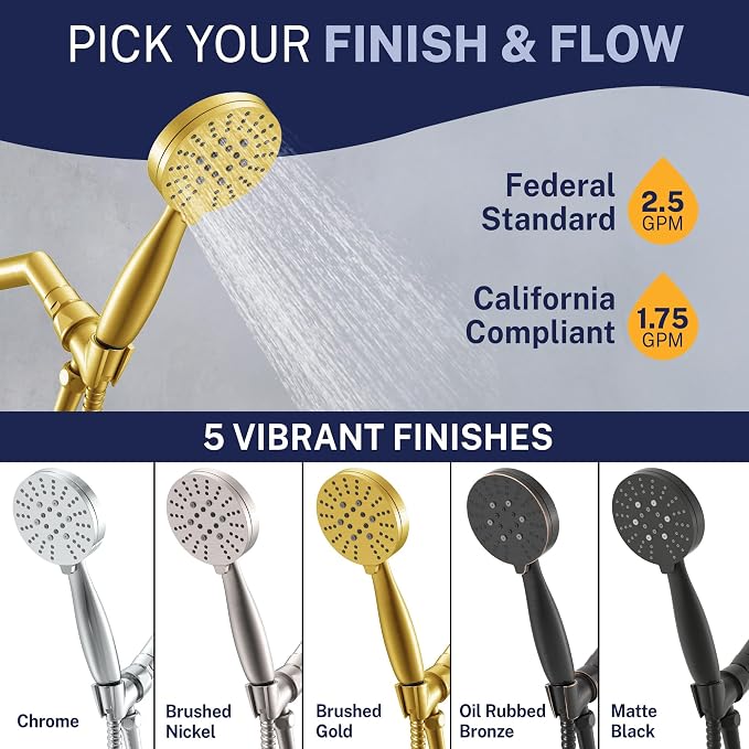HammerHead Showers® Solid Metal 3-Spray Handheld Shower Head with Long Hose and Holder - BRUSHED GOLD - WIDE, MASSAGE, and MIST Sprays - 1.8 GPM Low Flow Handheld Showerhead - Water Saving Shower Head