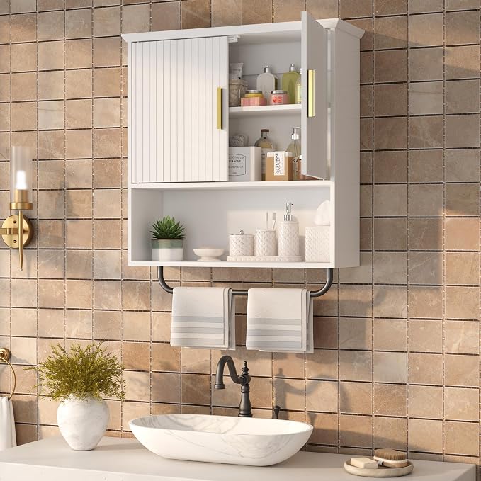 Wall Mounted Medicine Cabinet with Towel Bar & Adjustable Storage Shelf | White Space Saving Wood Bathroom Wall Cabinet 2 Doors for Laundry, Kitchen, Living Room