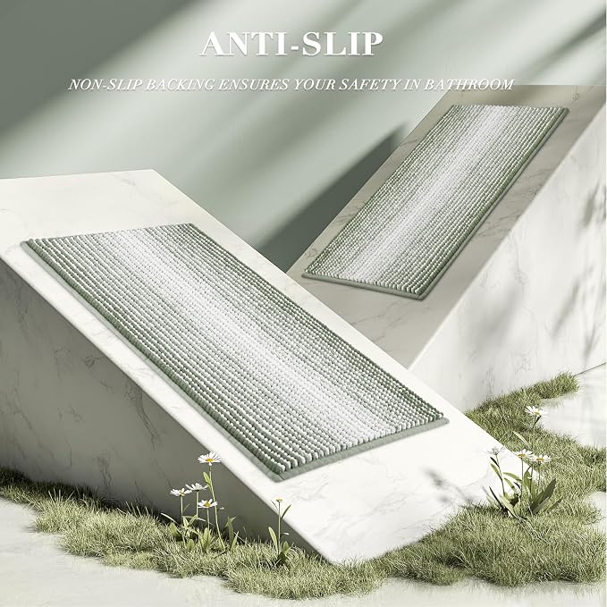 Chenille Bathroom Rugs, 24 x 43 Inches Non Slip Absorbent Bath Mat, Soft Shaggy Shower Bath Floor Mats for Bathroom, Machine Washable (Greyish Green)