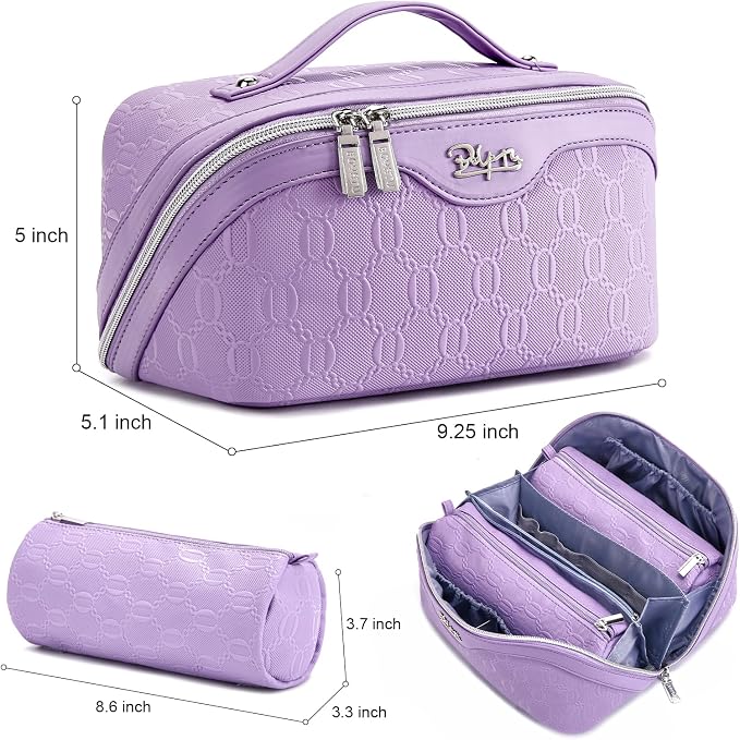 BOYATU Travel Makeup Bag Cosmetic Bags for Women: 3-Piece Makeup Bag Set | | Up to 20 3.4-oz Bottles | 180° Open-Flat Toiletry Organizer for Travel Essentials | Gift-Ready | (G-1-Purple)