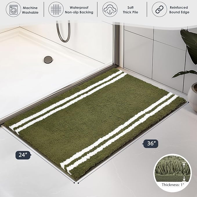 PURRUGS Bathroom Rug, Bath Mat, 24" x 36", Olive Green | Machine Washable, Non-Slip, Waterproof TPR Backing, Super Absorbent, Quick Dry, Bath Rug for Shower, Bathtub, and Sink