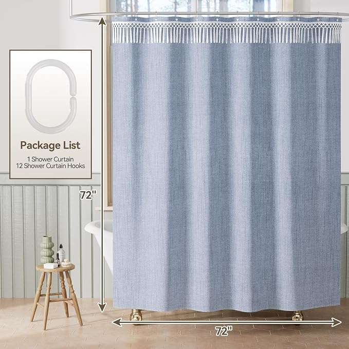 AmazerBath Blue Boho Shower Curtains for Bathroom, Farmhouse Shower Curtain with Top Tassels, Blue Shower Curtain Set, Faux Linen Fabric Shower Curtain with 12 Hooks, Hotel Quality, 72x72 Inches