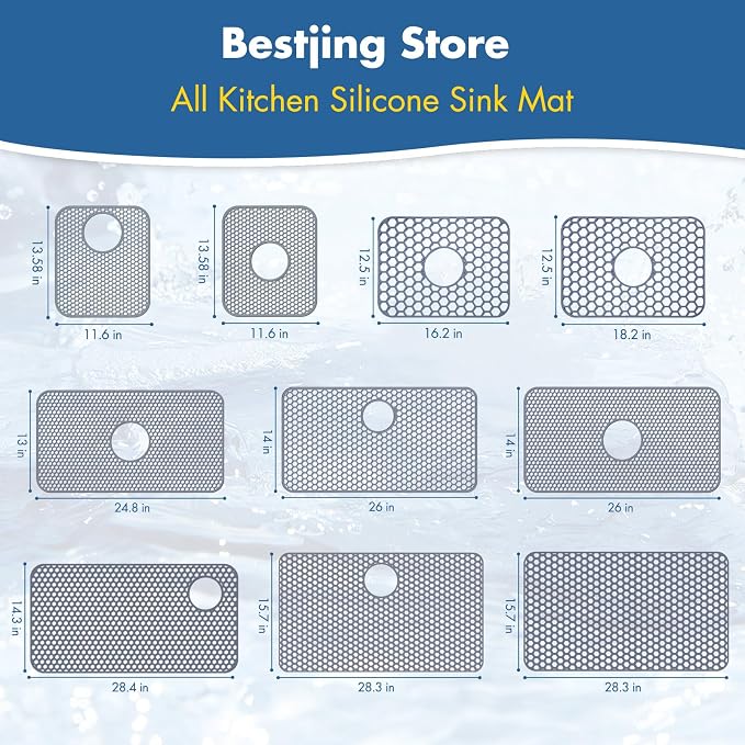 Bestjing Silicone Sink Protectors for Kitchen Sink -12" 13" 16" 18" 19" 24" 26" 28" 30", Non-Slip Heat Resistant Mat for Bottom of Farmhouse Porcelain Stainless Steel (16.2"x12.5" Center Drain, Gray)