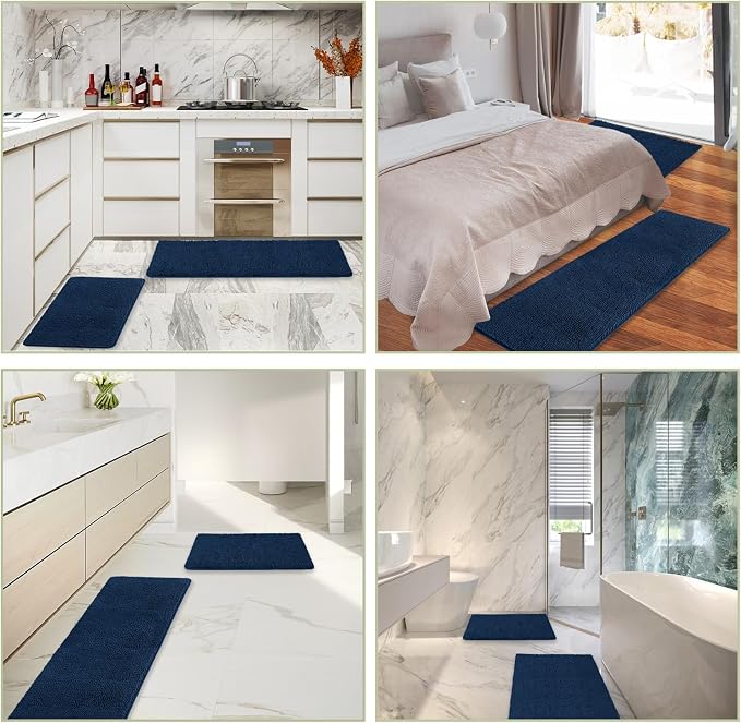 Navy Blue Bathroom Rugs Sets 2 Piece – Absorbent and Washable Bath Mat, Non-Slip, Thick Soft Chenille Bath Rugs for Bathroom Floor, Shower, Sink - 20" x 32"+24" x 36"
