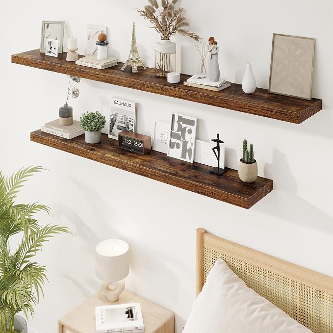 72in Floating Shelves for Wall,72"W x 9.25"D x 1.5"H, Rustic Brown | Long Wall Mounted Engineered Wood Shelves for Wall with Invisible Brackets for Living Room, Bedroom, Bathroom, Kitchen