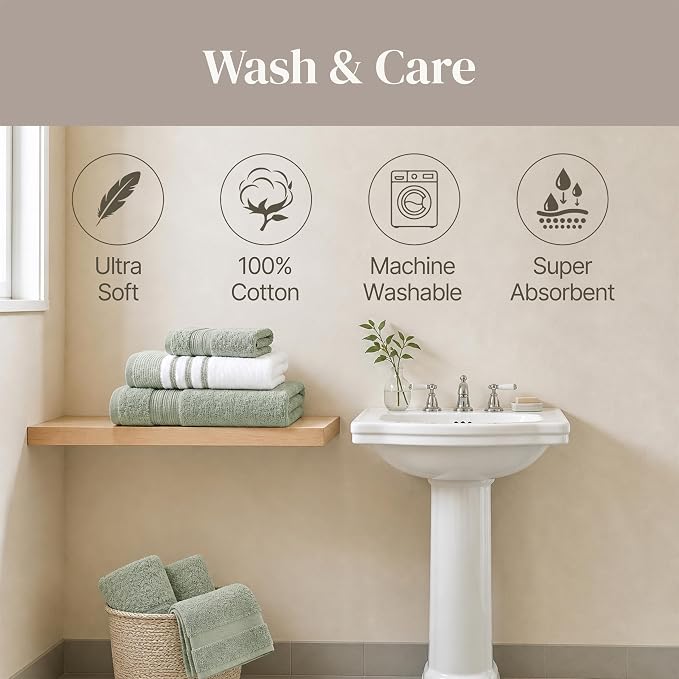 Modern Threads 6-Piece Towel Set – 100% Cotton, Quick Dry, Ultra Absorbent – Includes 2 Bath, 2 Hand, 2 Washcloths (White/Reinhart Sage)