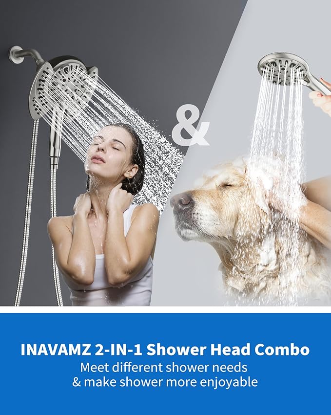 2 in 1 Shower Head with Handheld Combo High Pressure Nickel 1.8 GPM | 7.2" Rain Showerhead and 9 Spray Hand Held Shower, Adjustable Shower Angle, 59-inch Rotatable Stainless Steel Hose