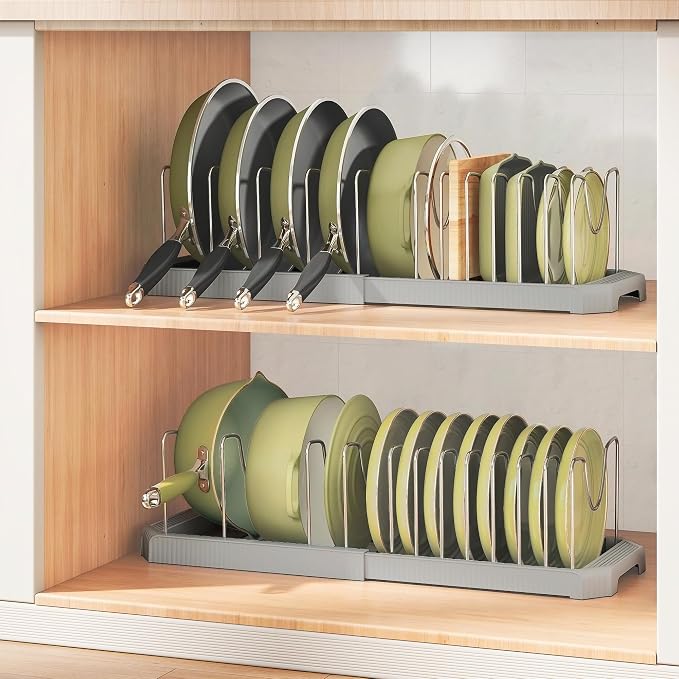 Expandable Pan Organizers Inside Cabinet with 12 Dividers Grey | Extends 12.9-21.9", Holds cookie sheets, cutting boards, pot lids and pans, iron dividers, plastic base, under cabinet rack