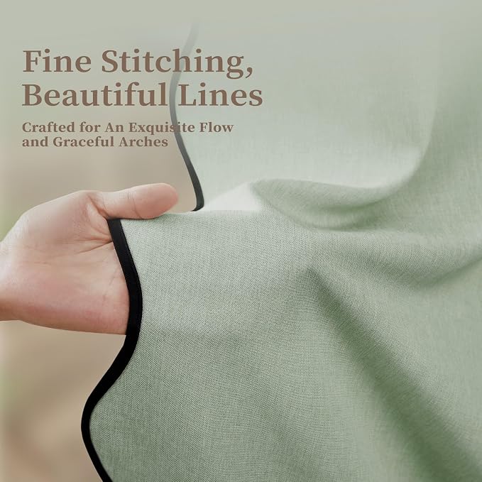 72x90 Boho Scalloped Linen Textured Cloth Shower Curtain, Sage Green | Long Size, 230GSM Waterproof Polyester, Heavy Duty Fabric, 12 Plastic Hooks, Elegant Modern Farmhouse Style, Machine Washable
