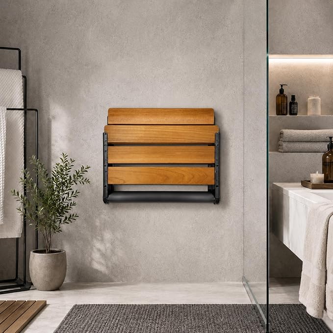 Folding Shower Seat Teak, Folding Shower Seat Wall Mounted, Foldable Shower Chair for Home Care, 450 lbs Capacity (Black-Colored Stainless Steel, 13'' D x 17'' W x 10'' H)