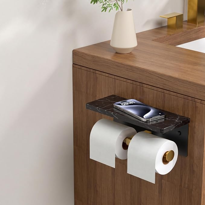 FORIOUS Toilet Paper Holder with Shelf, Commercial Toilet Paper Dispensers | Brushed Gold | Wall Mount Bathroom Tissue Holder | SUS304 Stainless Steel Rustproof | Double Tissue Roll Holder