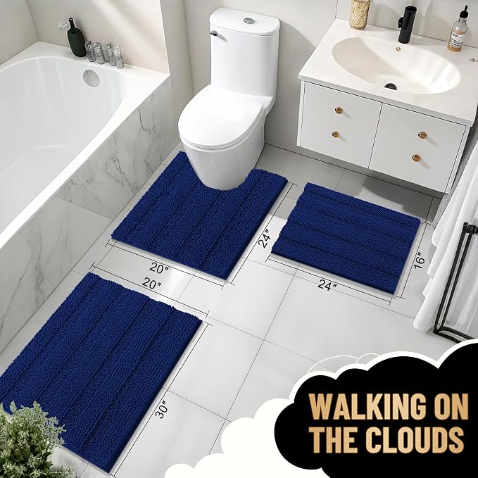 OLANLY Thick Large Bathroom Rugs 40x32, Soft Chenille Bath Rugs, Navy | Absorbent Striped, Rubber Backing, Machine Wash Dry, Bath Mats for Bathroom Floor, Tub and Shower, Home Decor Accessories