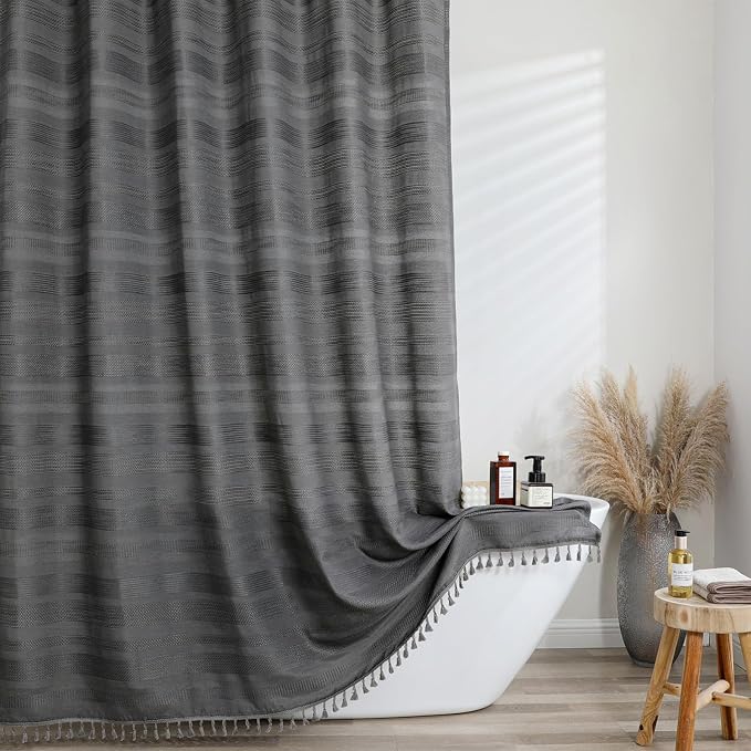 Boho Shower Curtain 72 Inch Long, Modern Farmhouse Rustic Striped Tassel Fabric Shower Curtain for Bathroom, Heavy Duty Vintage Country Bathroom Decoration, 72Wx72L Inches, Charcoal Grey