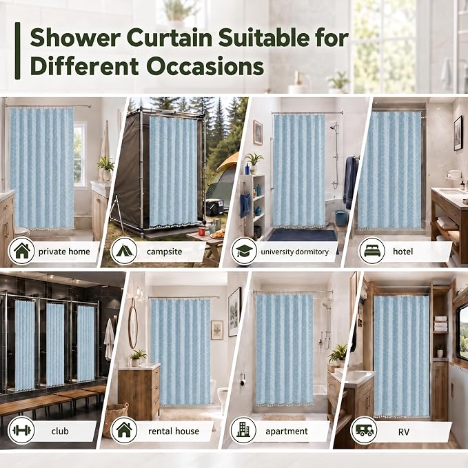Siiluminisoy Boho Fog Blue Shower Curtain Woven Fabric Cute Shower Curtain, 72 x 72 Tufted Chevron Textured Striped Modern Farmhouse Minimalist for Bathroom