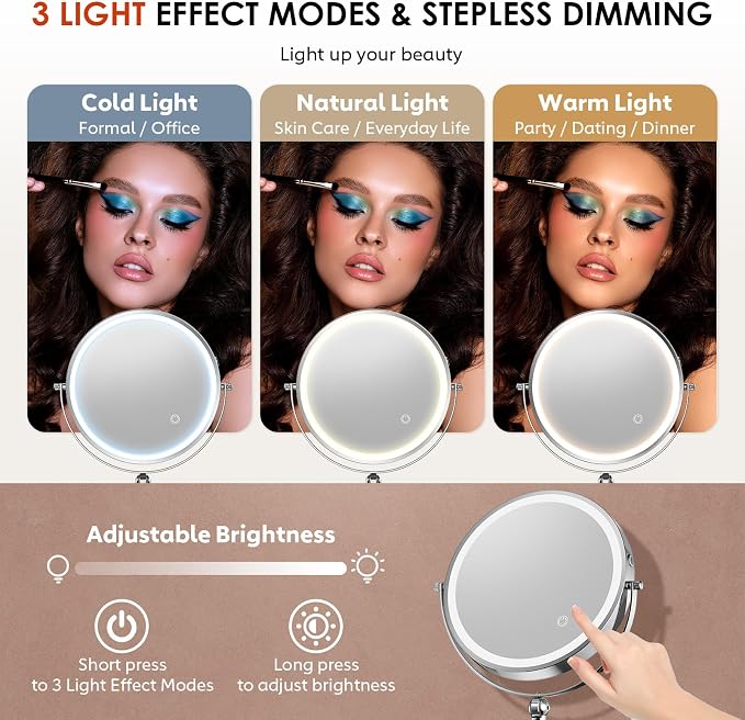 ZLOKLA 9" Wall Mounted Lighted Makeup Mirror,4000mAh Rechargeable Double Sided 1X/20X Magnifying Mirror with Light,Touch Dimmable,Extended Arm 360 Rotation Wall Mounted Makeup Mirror 3 Color Lights