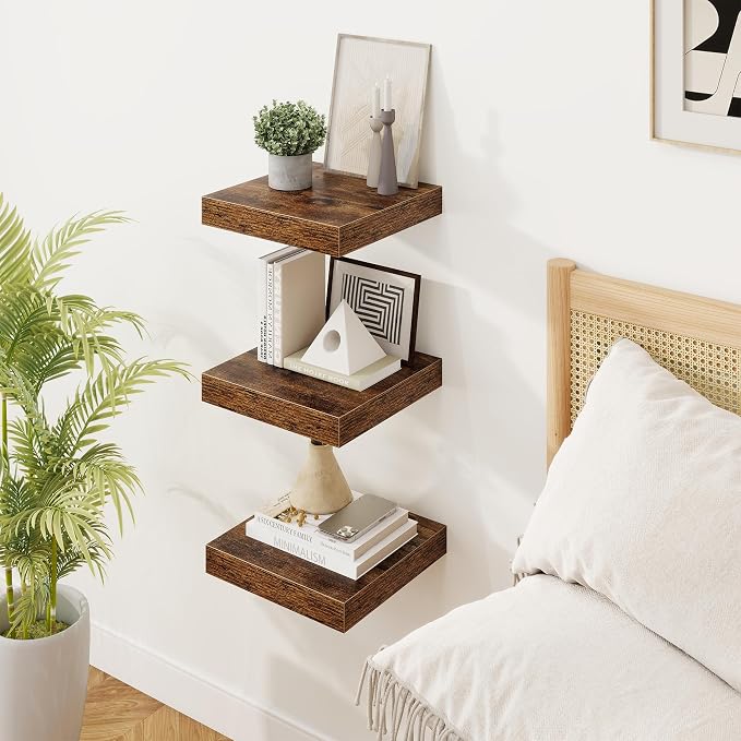 Marsmiles 12in Depth Floating Shelves, 12x12x1.4, Rustic Brown, Set of 3 | Small Wall Mounted Square Shelves, Engineered Wood, Invisible Brackets, Living Room, Bedroom, Bathroom, Kitchen Decor