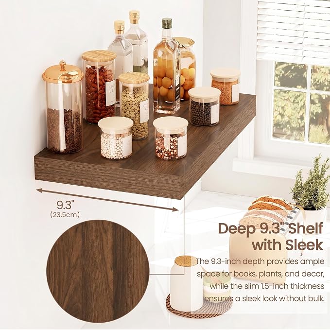 Vivelove Floating Shelves 9 inch Deep 16”Long Set of 2, Walnut | Easy Install With Hardware, 1.5" Thick, Invisible Brackets, Wall Mounted, No Sagging, For Any Room