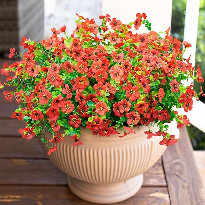 Artificial Flowers for Outdoor Indoor Garden Home Decoration, Faux Flower Daisy with Eucalyptus Leaves Fake Plants Greenery Boxwood Porch Patio, 12 Bundles (Red)