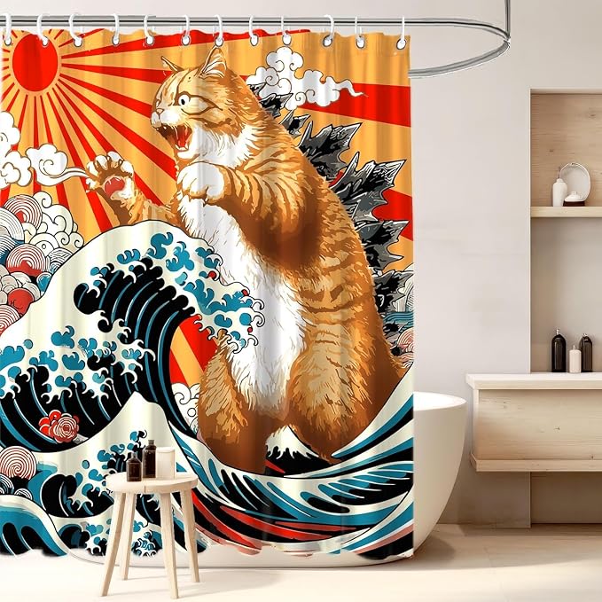 Funny Japanese Cat Small Stall Shower Curtain, Vintage Orange Cat Japan Anime Ocean Wave RV Half Size Narrow Shower Curtain with Hooks, Funky Animal Sun Kids Bathroom Decor 48X72inches